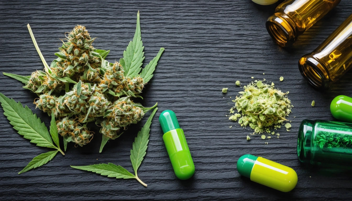 Green cannabis buds and leaves, green and yellow capsules, ground cannabis, and amber bottles on a dark textured surface