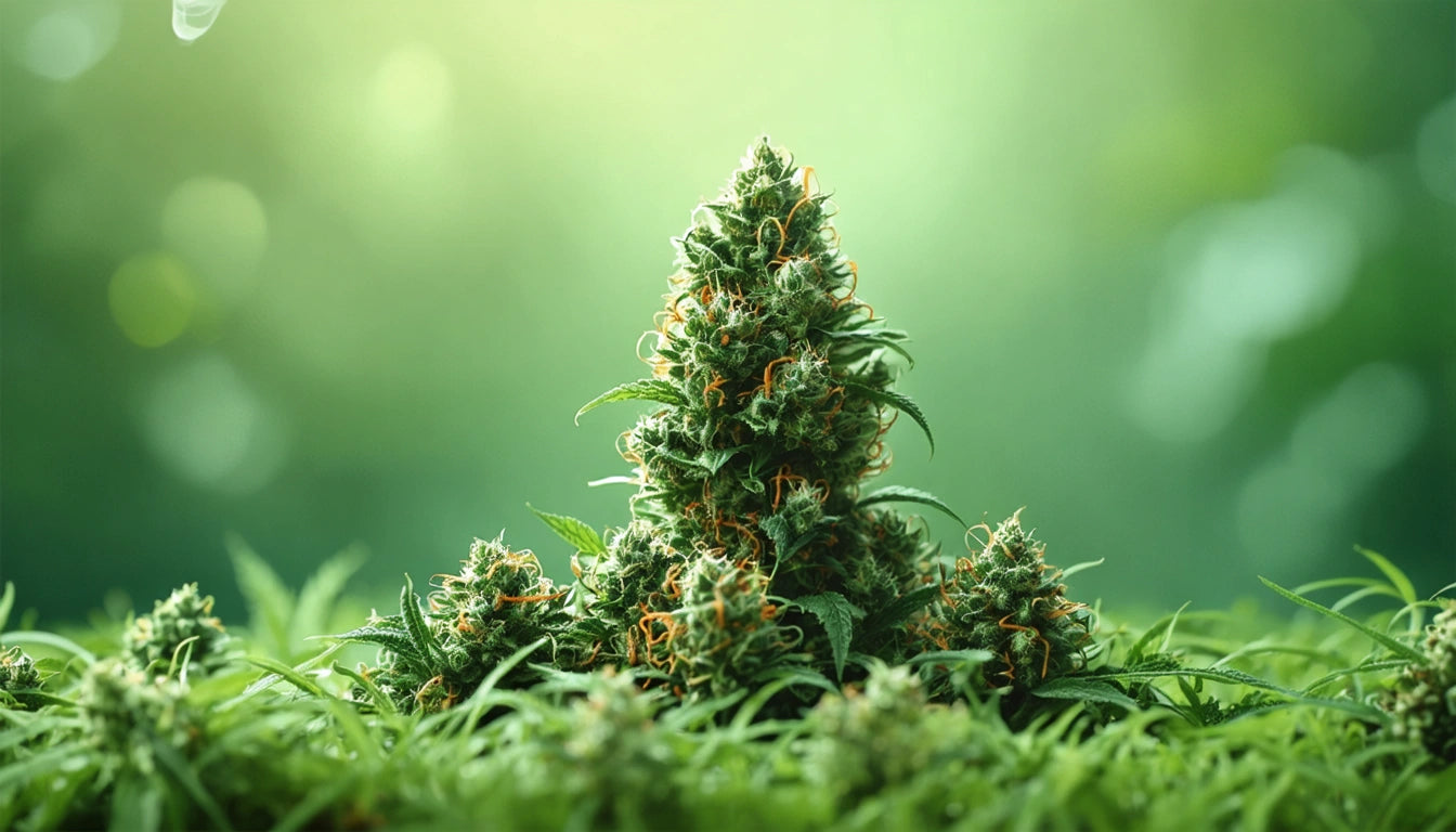 Dense green plant with orange hairs, surrounded by blurred greenery, against a soft, light green background