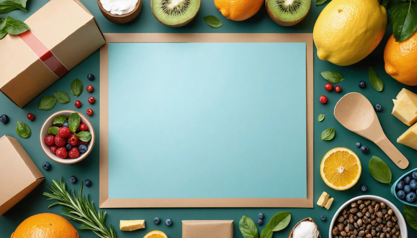 Blue rectangular paper surrounded by fruits, berries, leaves, wooden spoon, and gift boxes on a green surface