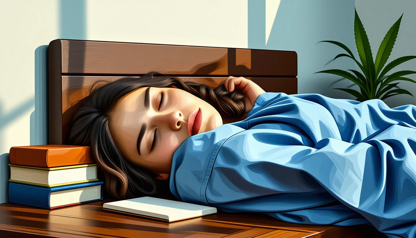 Woman with long hair sleeping on wooden bench, wearing blue shirt, sunlight on face, books and notebook beside her, plant in background