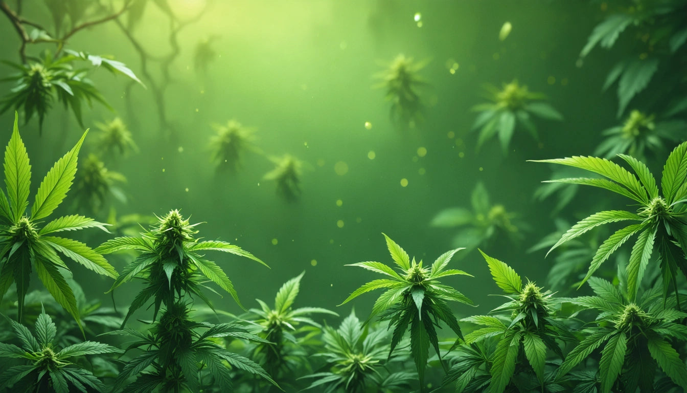 Dense green foliage with pointed leaves, soft light filtering through, and small particles floating in the air