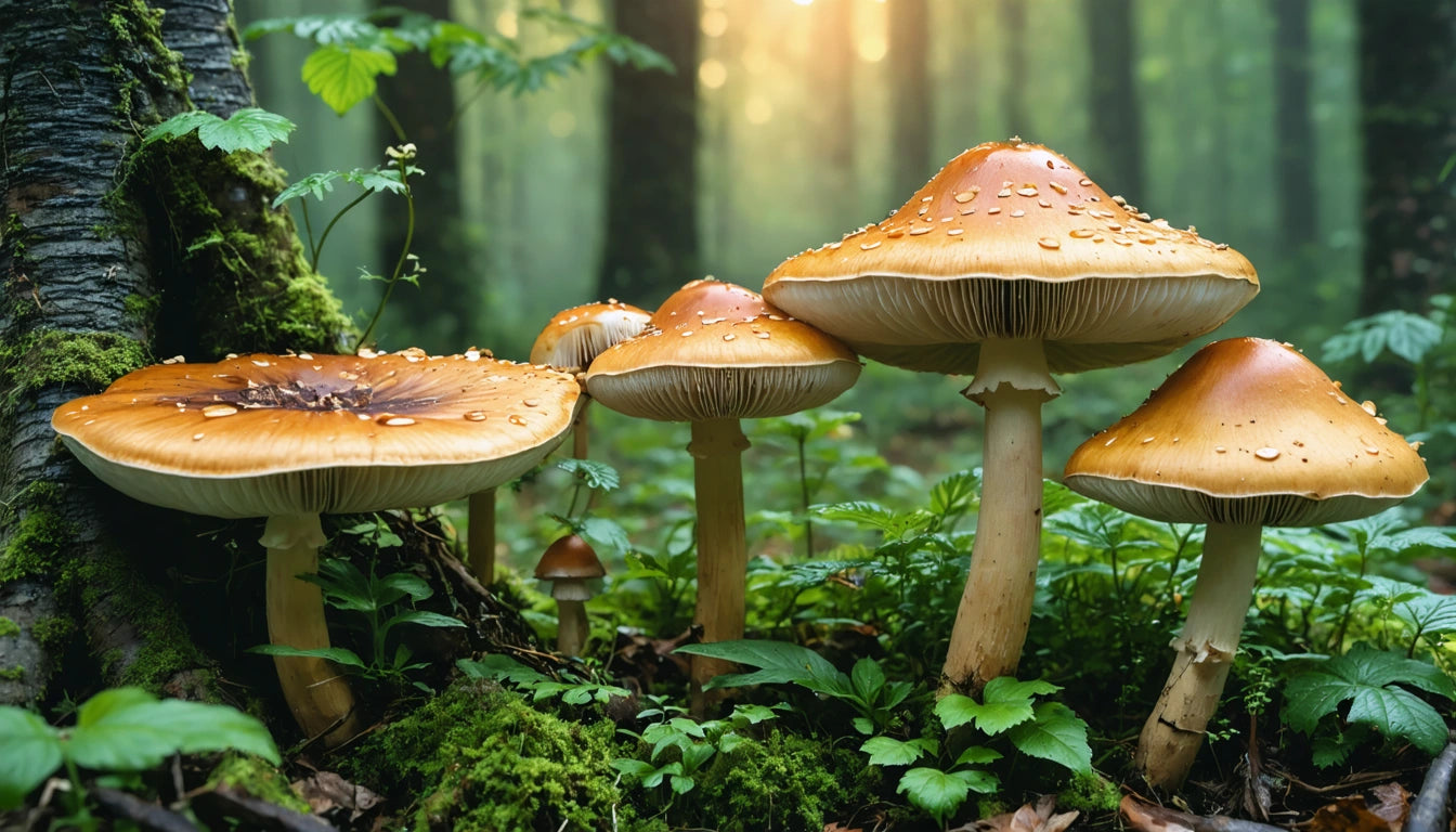 Mushrooms with orange caps and water droplets on stems, surrounded by green foliage in a sunlit forest