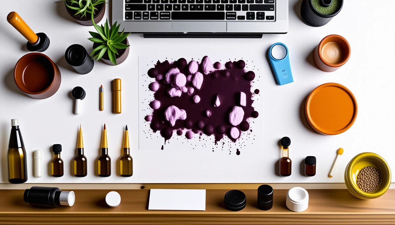 Laptop above a desk with scattered purple powder, pink stones, plants, bottles, and various small objects arranged around