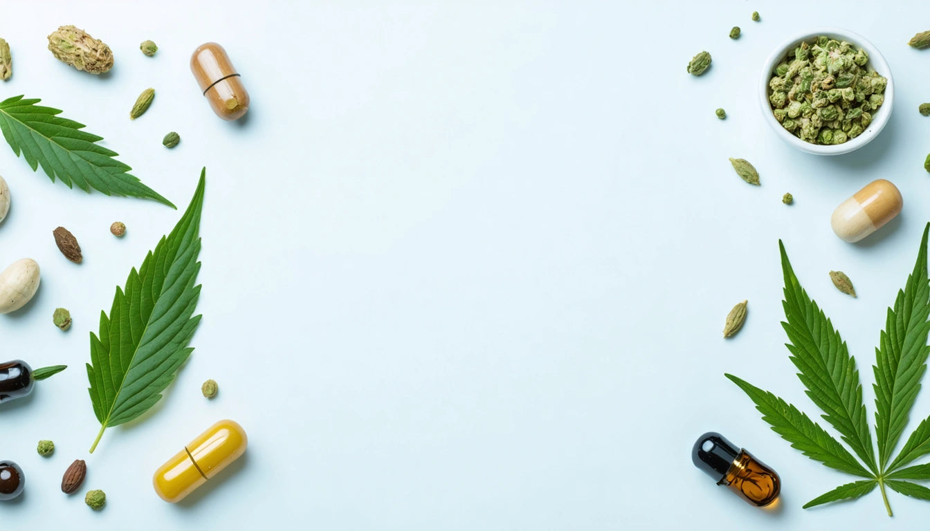 Green leaves, capsules, and small bowls with herbs arranged on a light blue background