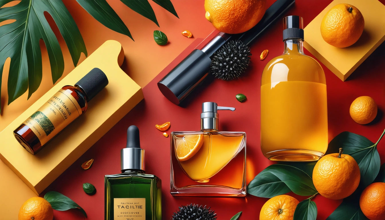 Bottles of perfume and skincare products on a red and orange surface, surrounded by green leaves and oranges