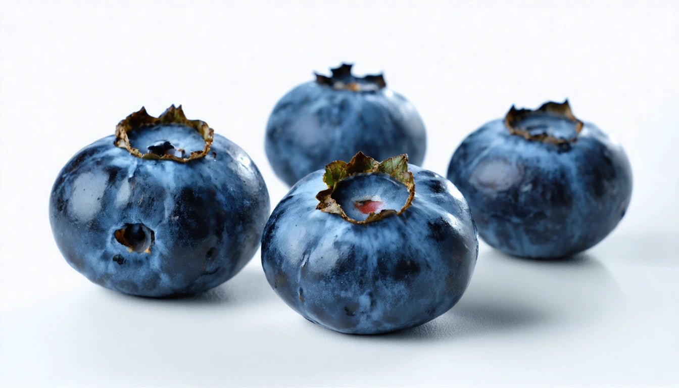 Four blueberries with a smooth surface and small, brownish stems on a white background