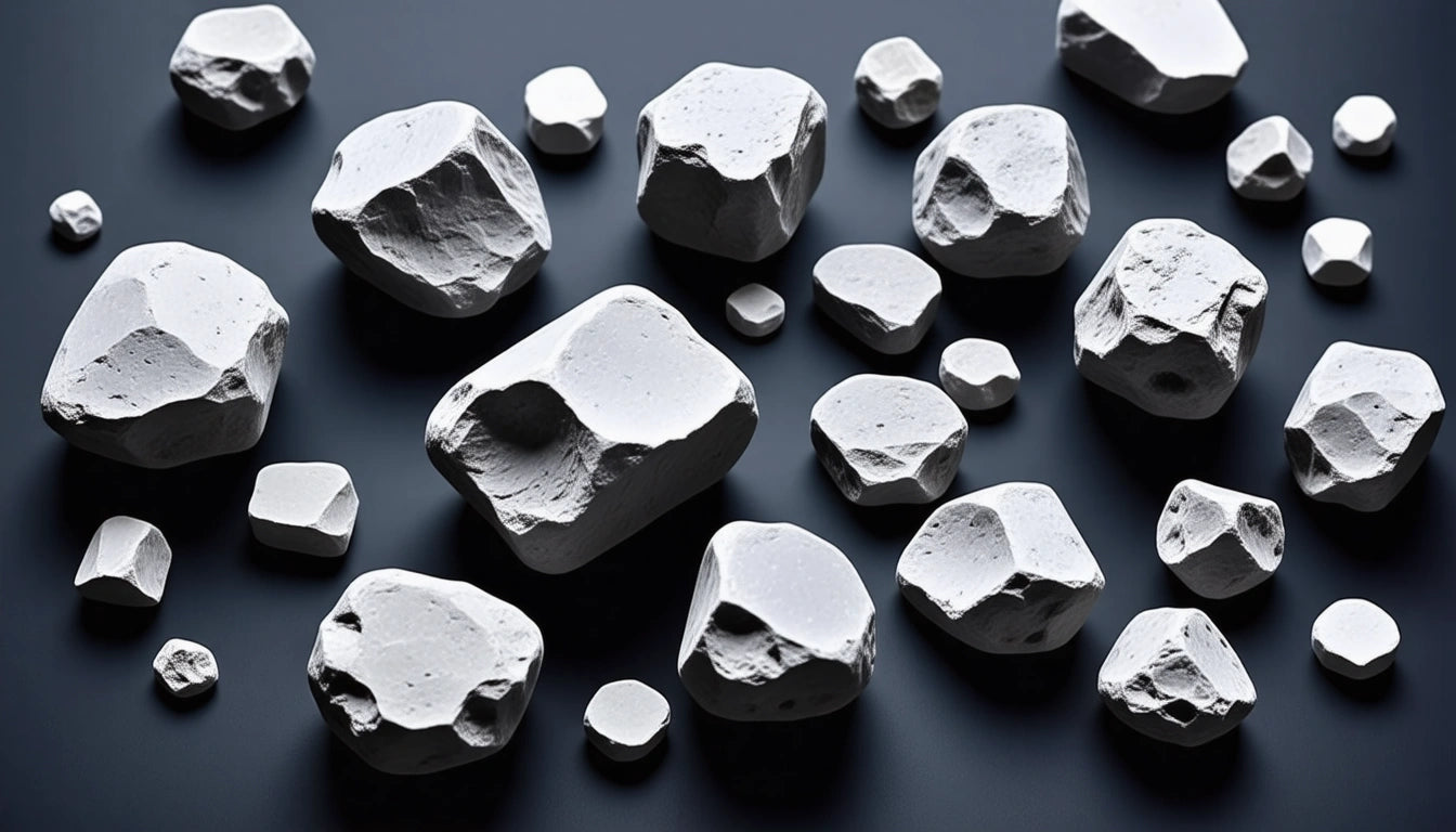 White, irregularly shaped stones scattered on a dark surface, casting soft shadows