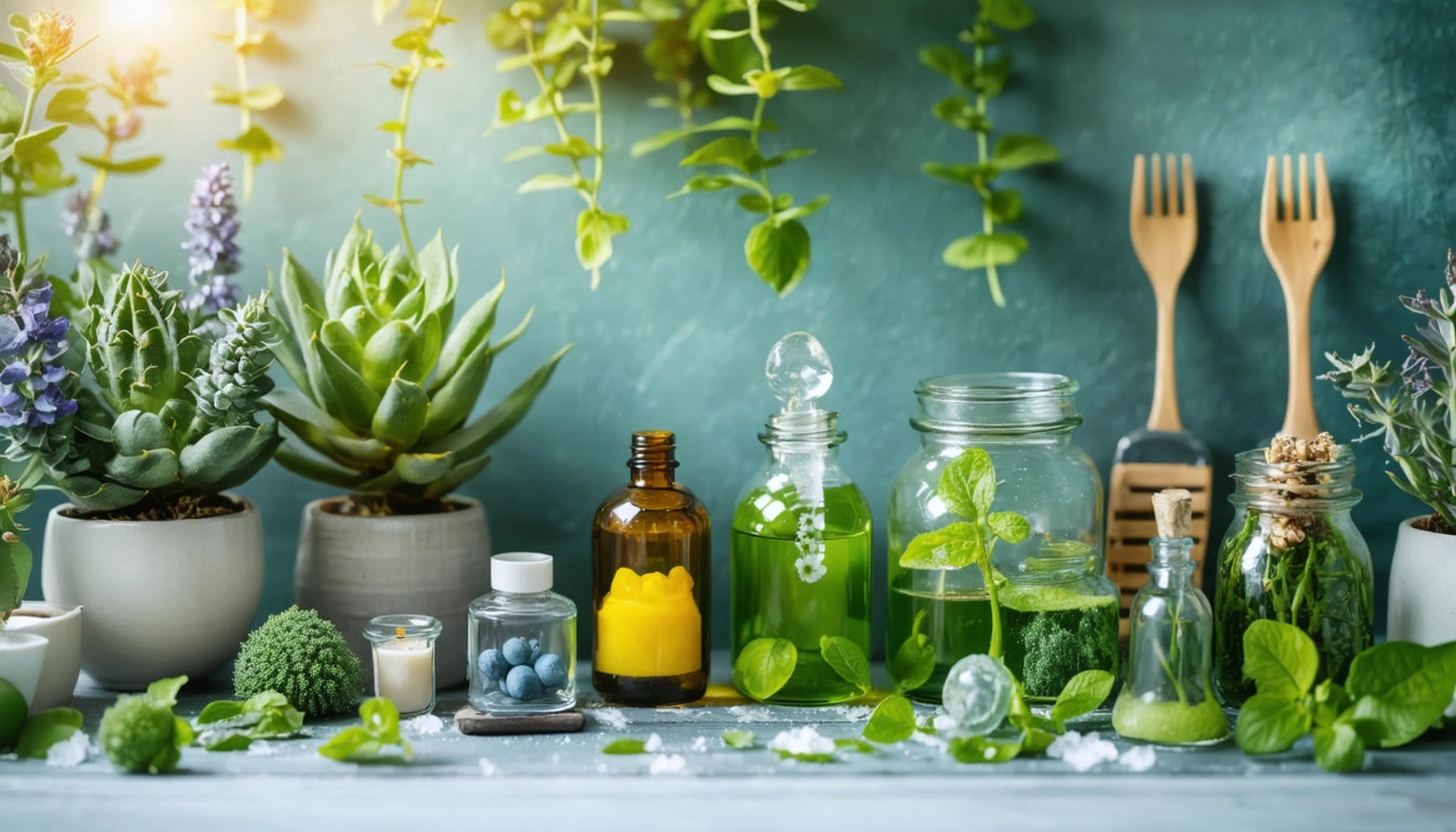 Succulents and herbs in pots, glass jars with green liquids, wooden utensils, and a candle on a wooden surface