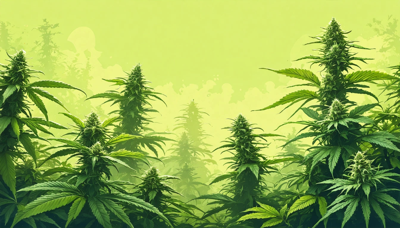 Tall green plants with pointed leaves and dense buds against a light green background