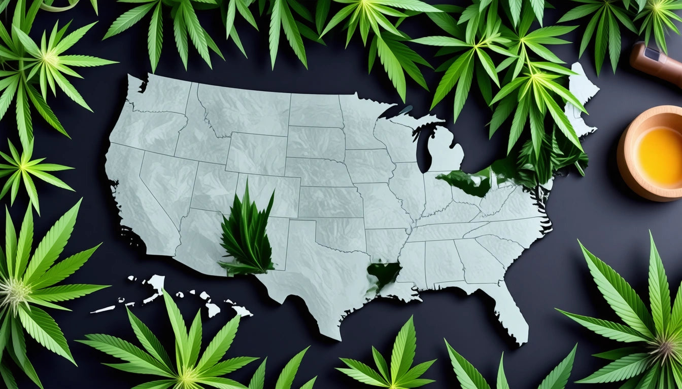 Gray map of the United States surrounded by green leaves on a dark background