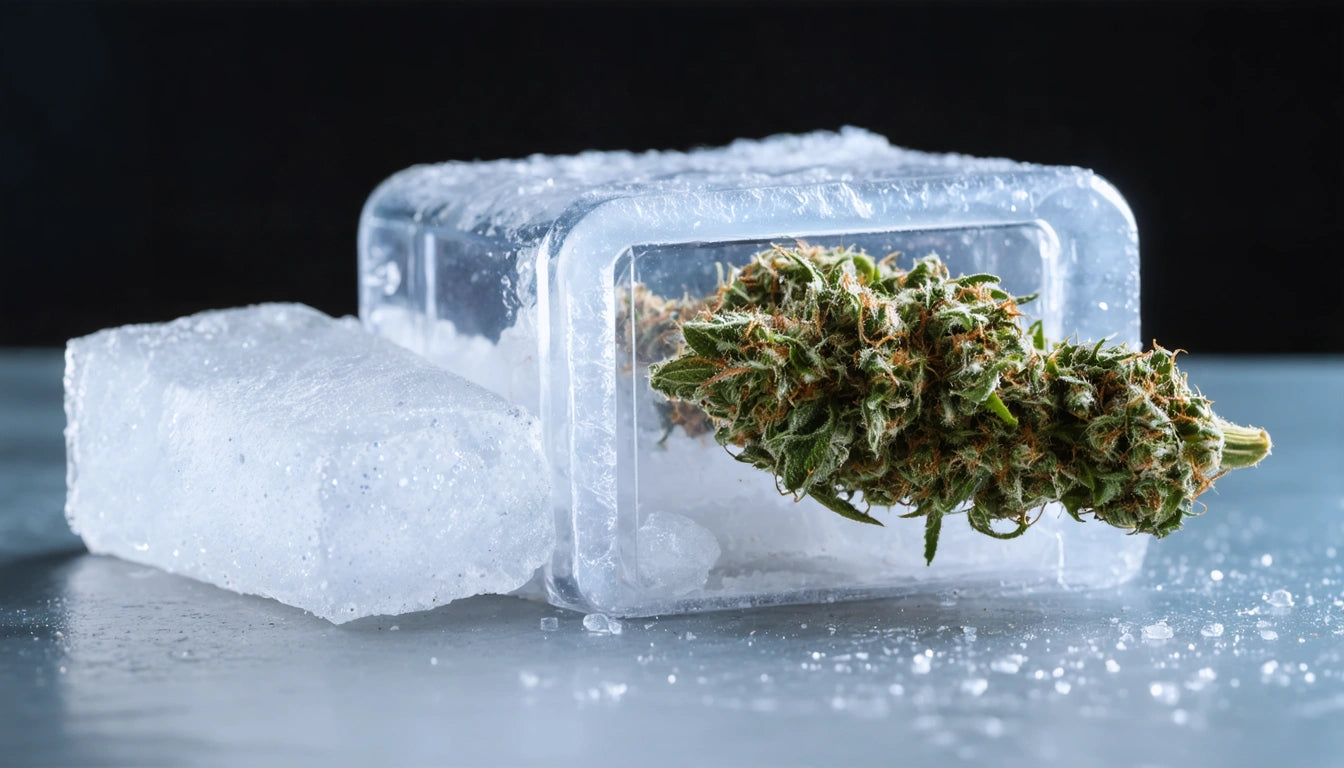 Ice cube with frost, next to a clear container holding a green, spiky plant, on a reflective surface