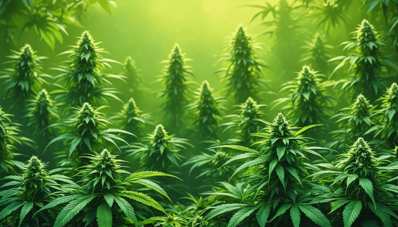 Dense green plants with pointed leaves and clustered buds, set against a soft, blurred green background