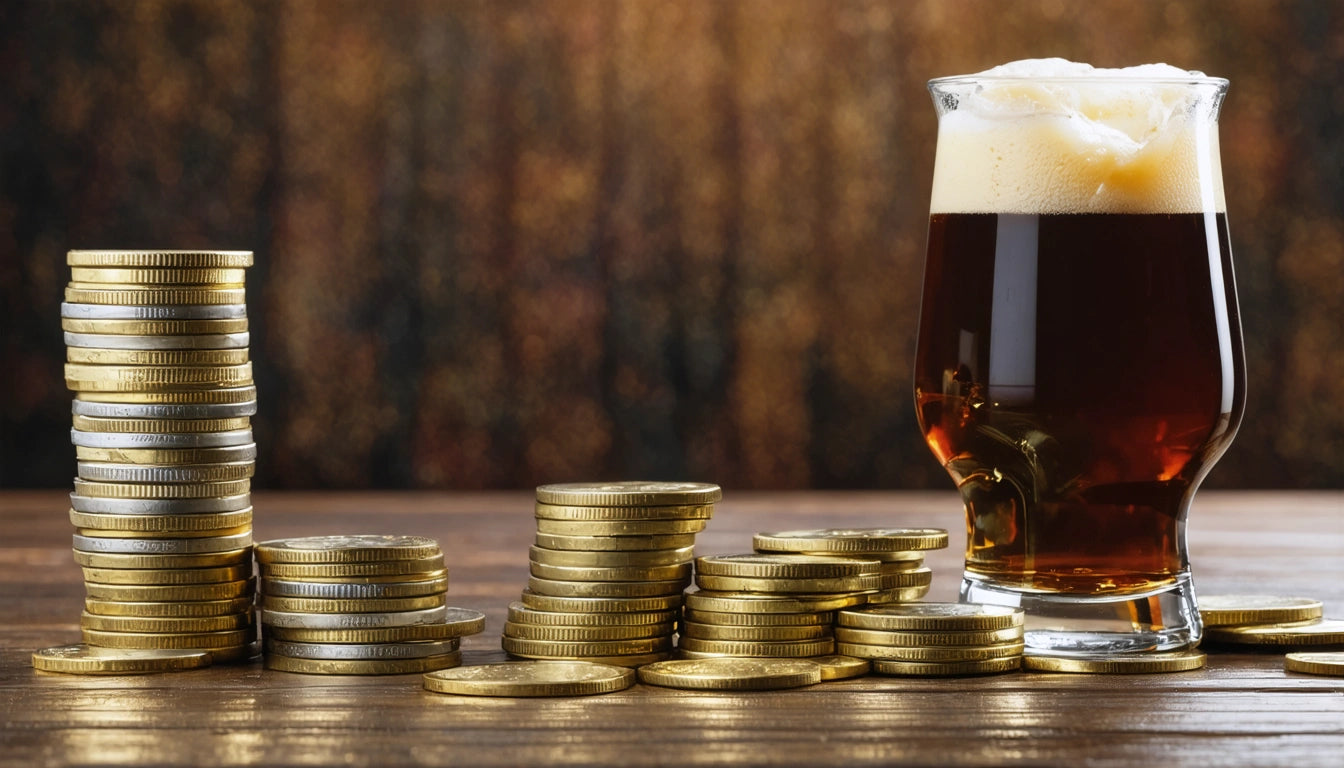 Stacks of gold coins next to a glass of dark beer with foam, on a wooden surface with a blurred background