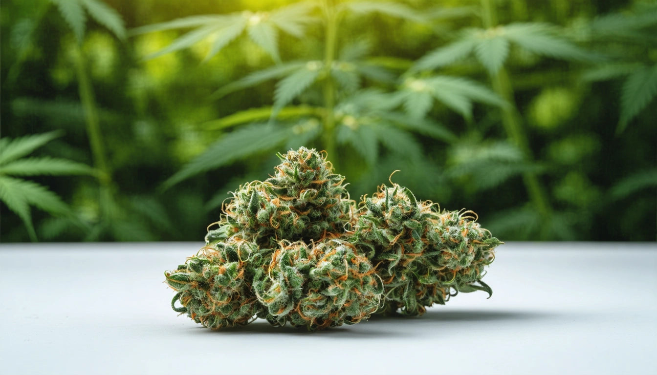 Dense green buds with orange hairs on a white surface, blurred green foliage in the background