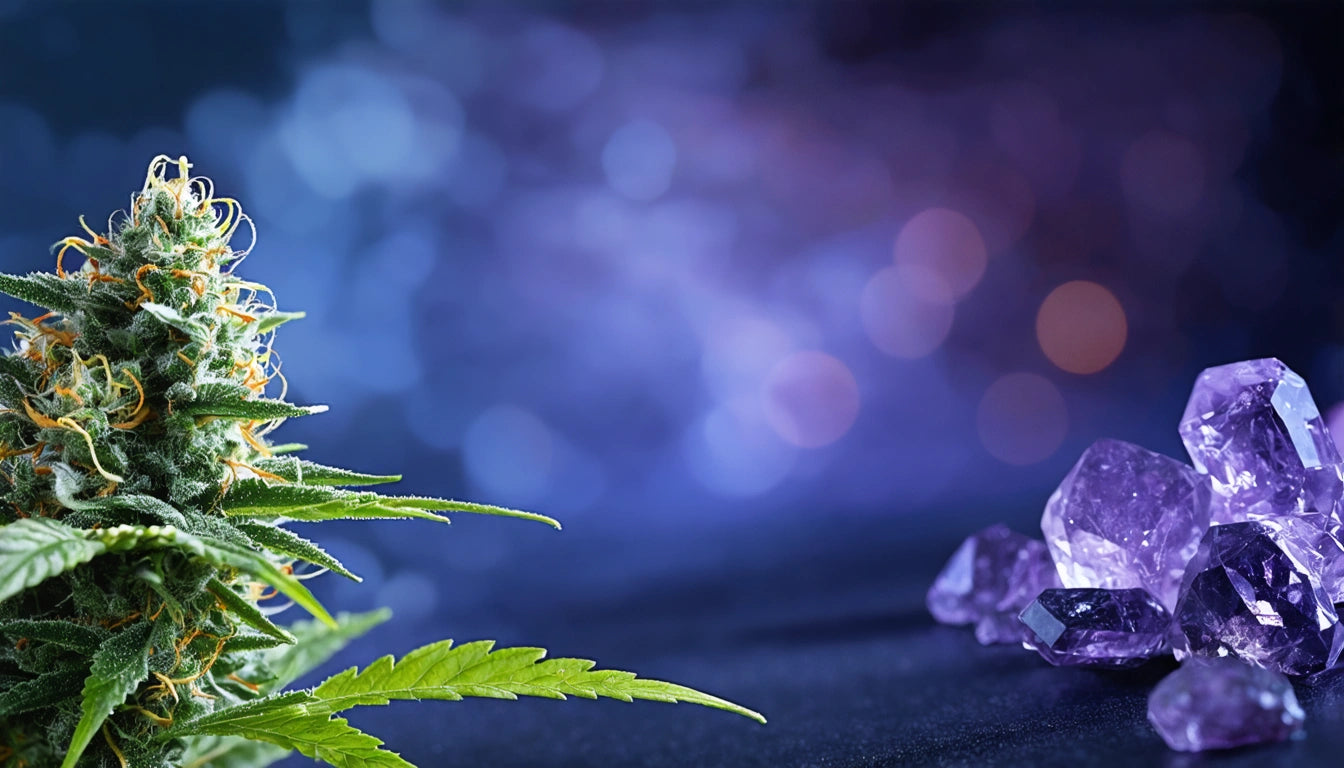 Green plant with spiky leaves on left, purple crystals on right, blurred purple and blue bokeh background