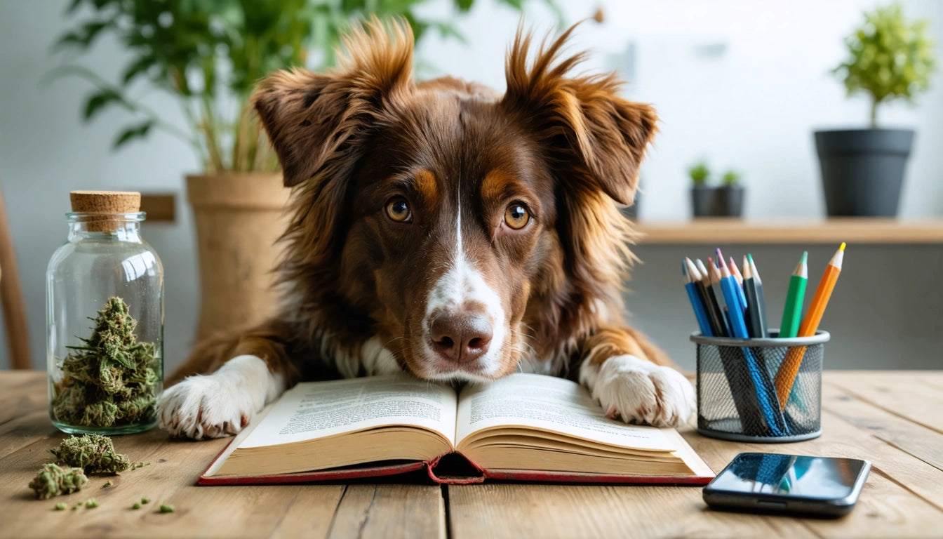 Brown and white dog resting head on open book, surrounded by colored pencils, a smartphone, and potted plants on a wooden table