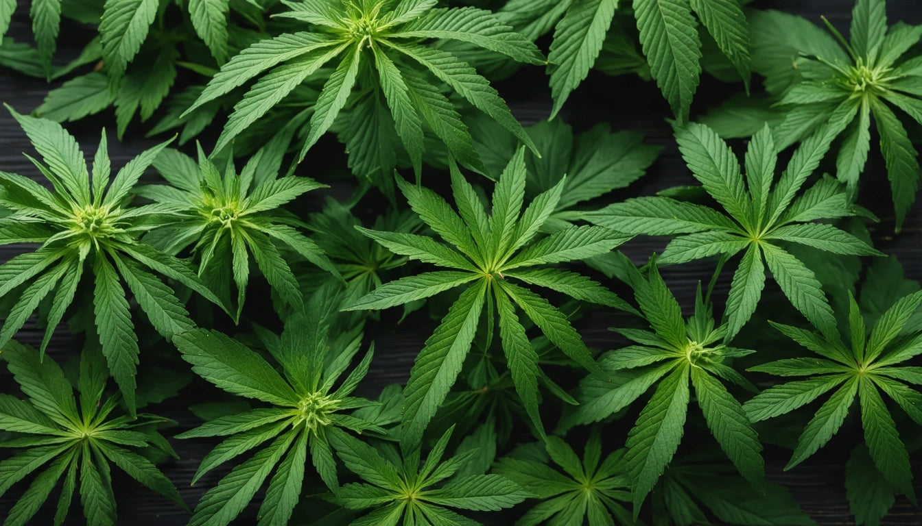 Green leaves with serrated edges and pointed tips spread across a dark background