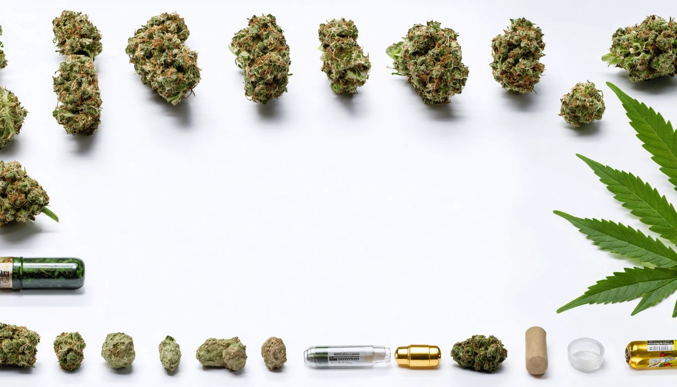 Dried green buds arranged in a row on white background, with capsules, small containers, and a green leaf at the bottom