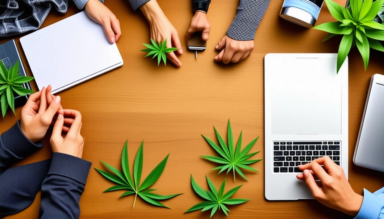 Hands holding a smartphone and notebook, surrounded by green leaves on a wooden table, with a laptop in the corner