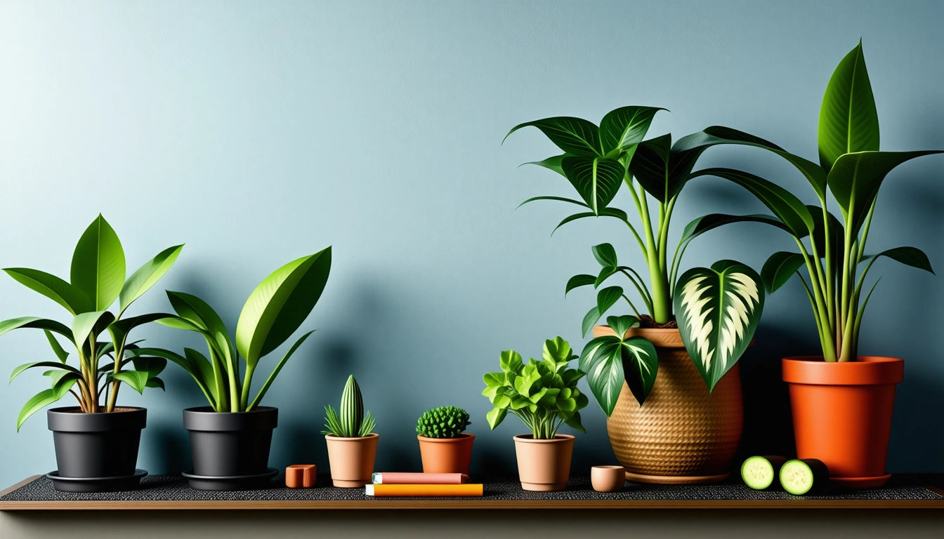 Potted plants of various sizes on a shelf, with a blue wall background and a few sliced cucumbers nearby