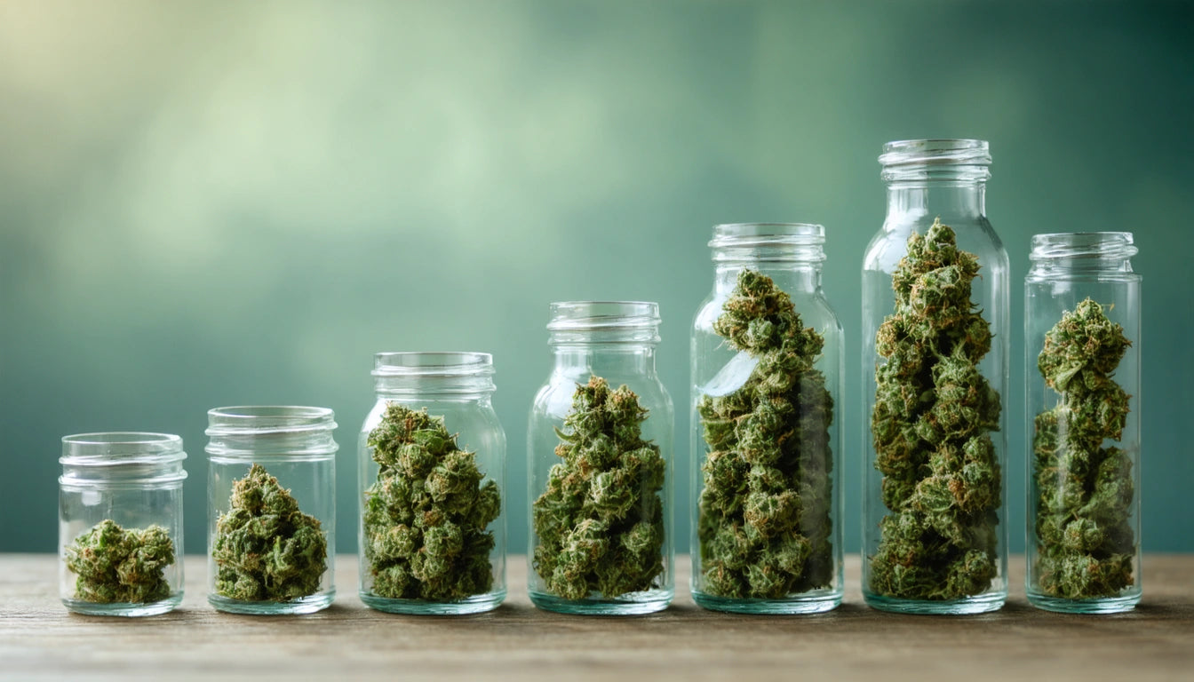 Six glass jars of varying sizes filled with green plant buds, arranged in a row on a wooden surface against a blurred green background