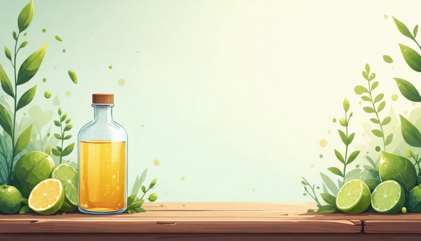 Glass bottle with orange liquid on wooden surface, surrounded by green leaves and lime slices, light green background