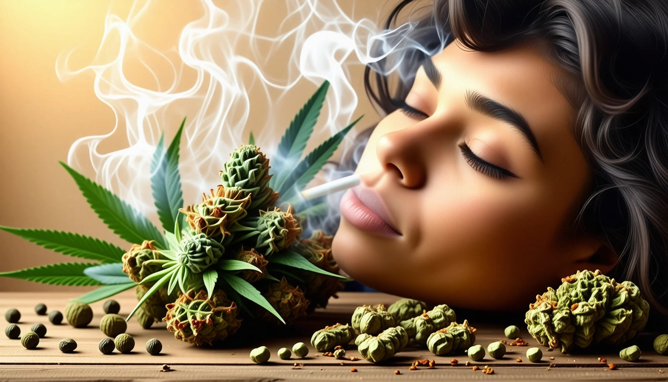 Woman with closed eyes near cannabis buds and leaves, smoke swirling around, on a wooden surface