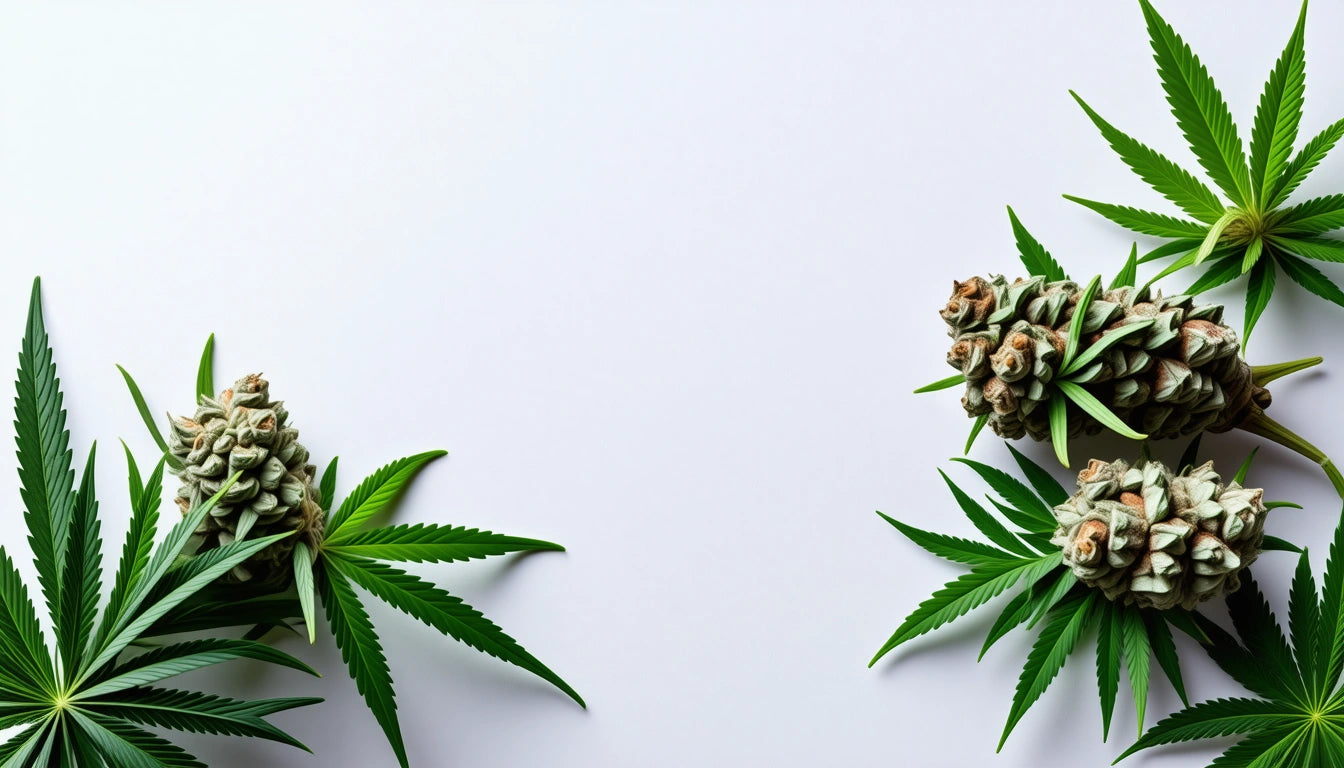 Green cannabis leaves and buds in opposite corners on a plain white background