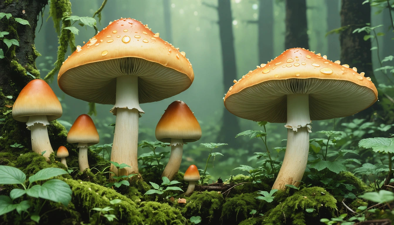Laboratory setup with microscope, petri dishes, and glass containers holding dark spores against a clean workspace with soft lighting