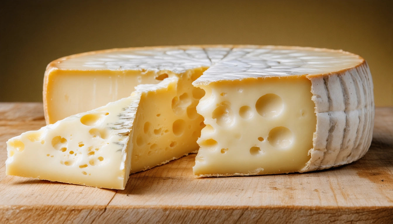 Round cheese wheel with a wedge cut out, showing holes and creamy texture, on a wooden board against a soft yellow background