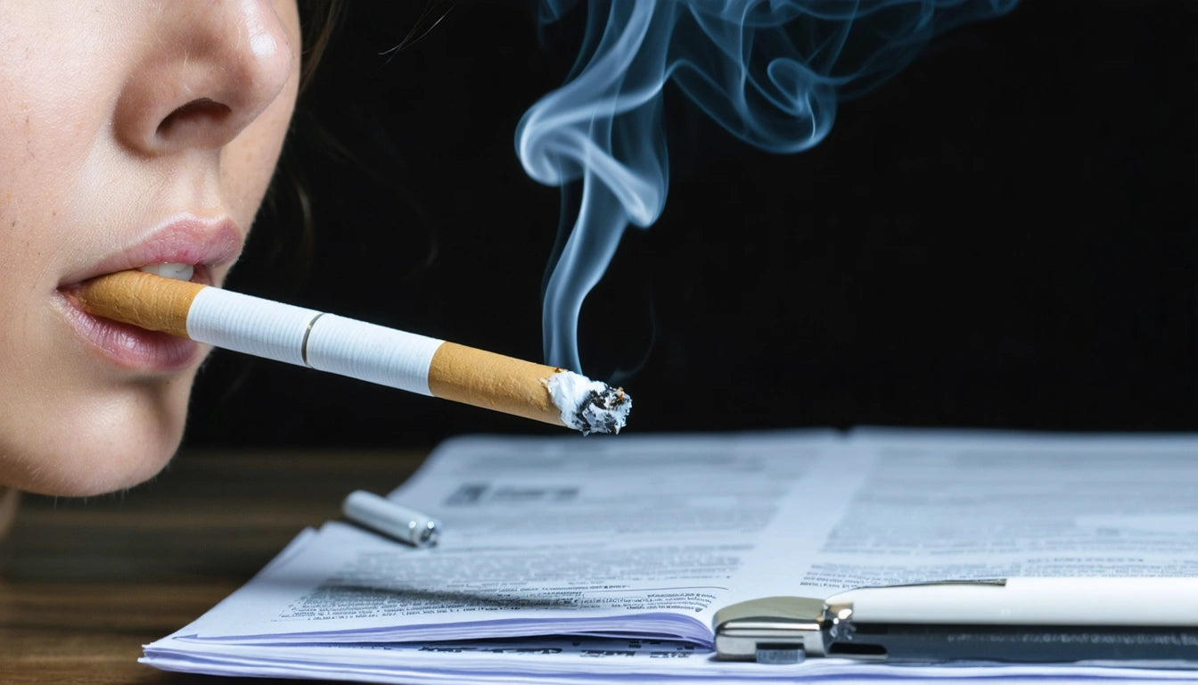 Person holding a lit cigarette with smoke rising, open book and pen on table, dark background