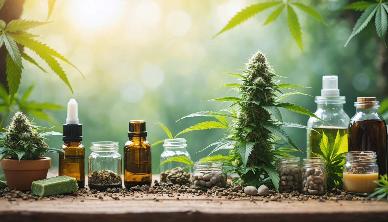 Various glass bottles and jars with liquids and seeds, a potted plant, and a cannabis plant on a wooden surface, with greenery background