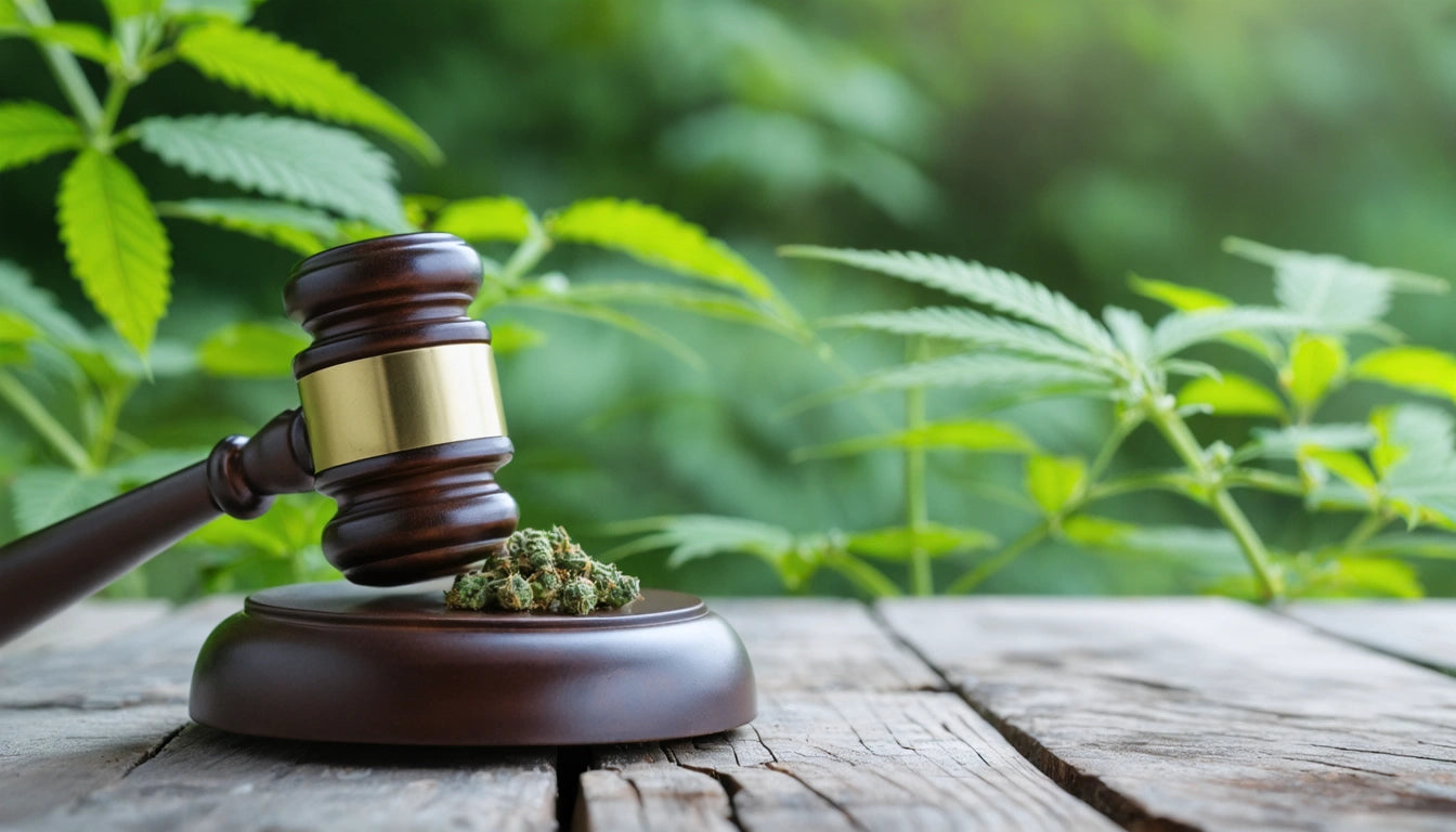 Wooden gavel resting on a base with small green buds, surrounded by large green leaves on a wooden surface