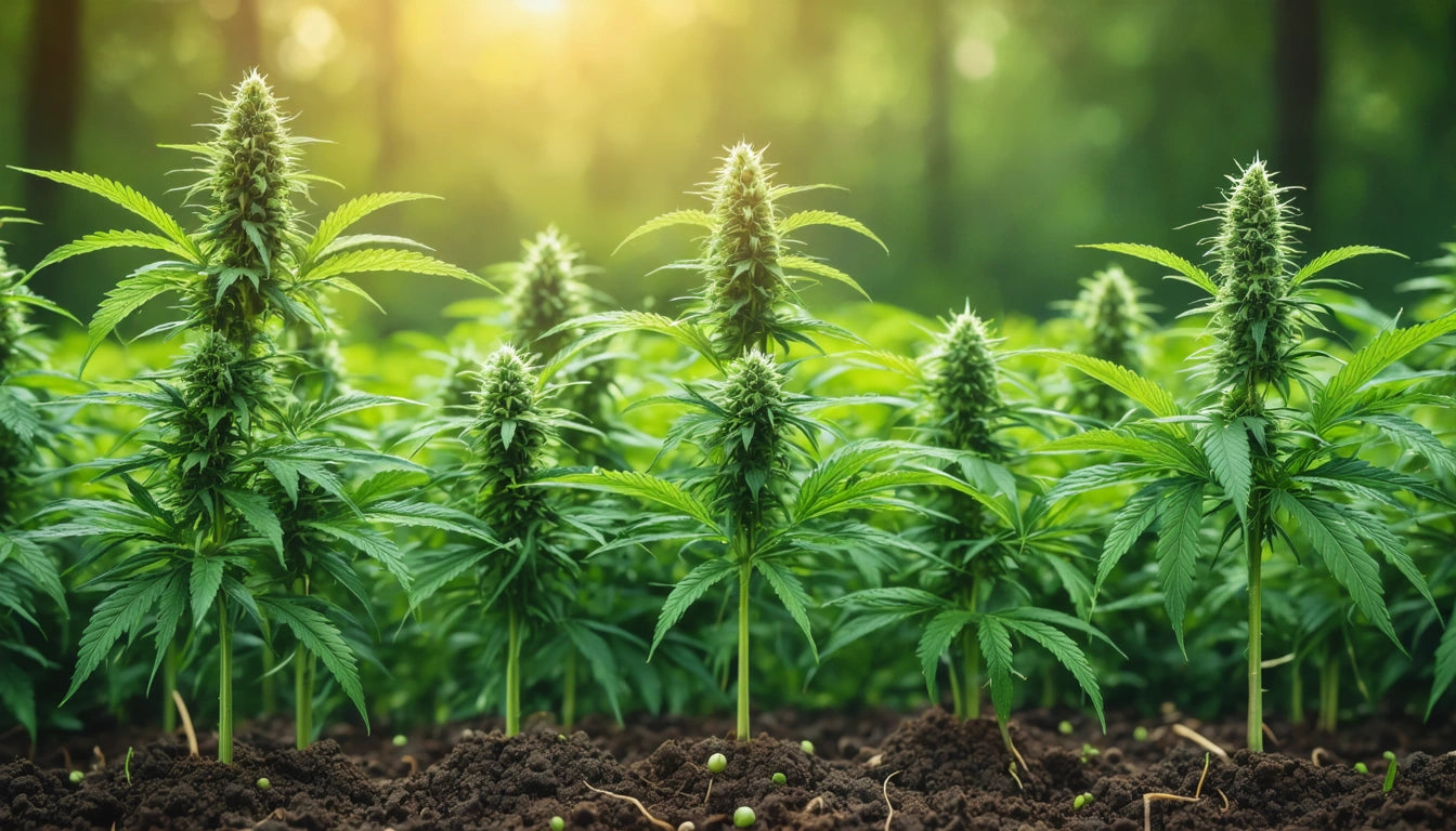 Green plants with tall, spiky leaves and buds in a row, soil in foreground, blurred forest background, sunlight filtering through