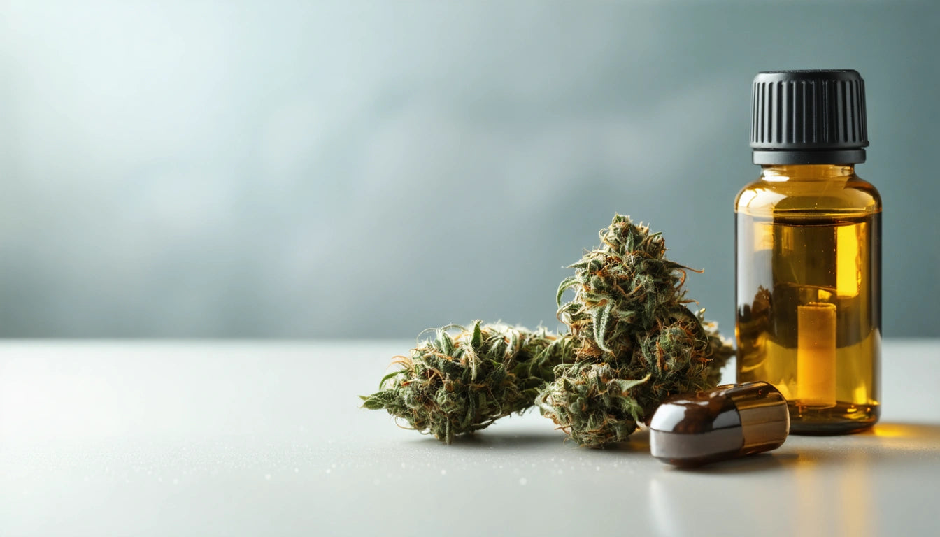 Amber bottle, cannabis buds, and capsules on a white surface with a blurred gray background