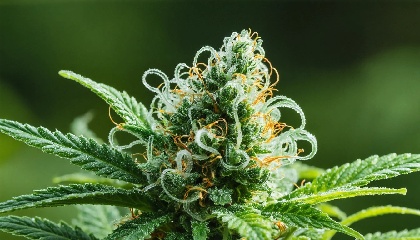 Green plant with frosty leaves and orange strands, set against a blurred green background