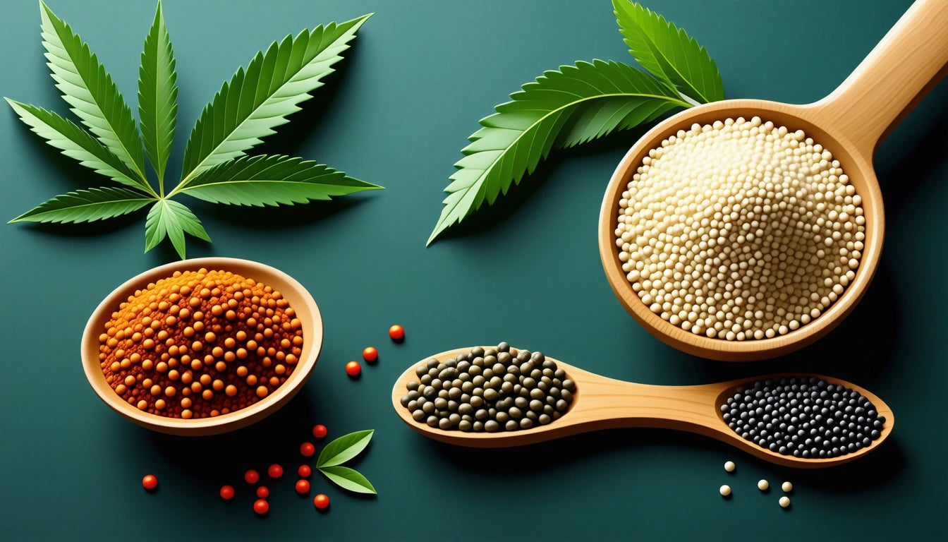 Wooden spoons with white, black, and green seeds, red and brown seeds in bowls, green leaves on a dark green surface