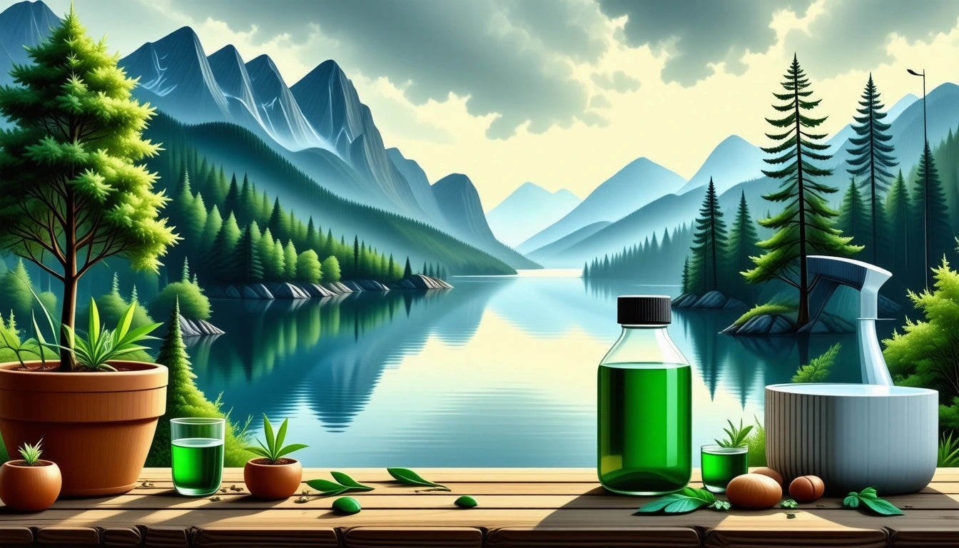 Mountains and pine trees reflected in a lake, with potted plants and green bottles on a wooden deck in the foreground