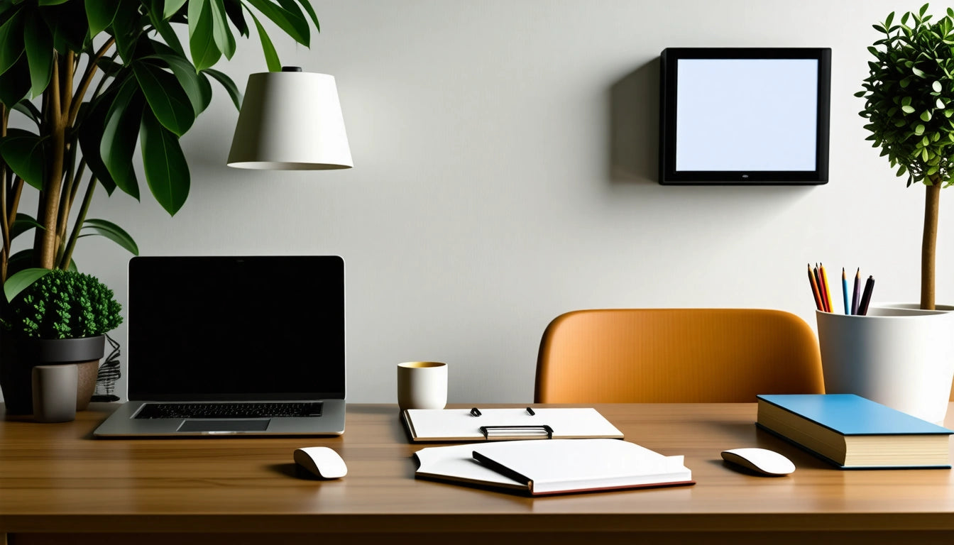 Laptop, notebooks, and a cup on a wooden desk; orange chair, wall lamp, potted plant, and a blank screen on the wall