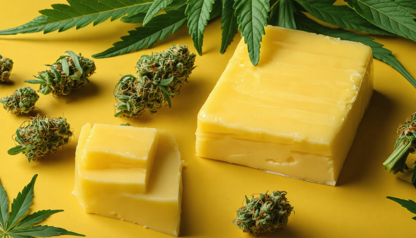 Yellow blocks of butter on a yellow surface, surrounded by green cannabis leaves and buds