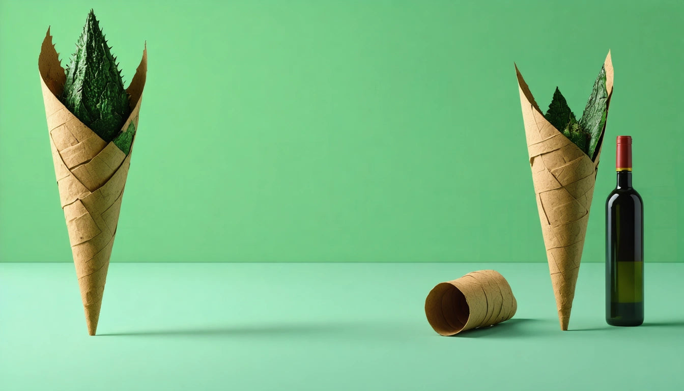Two brown paper cones with green leaves, one upright and one beside a wine bottle; another cone lies on its side