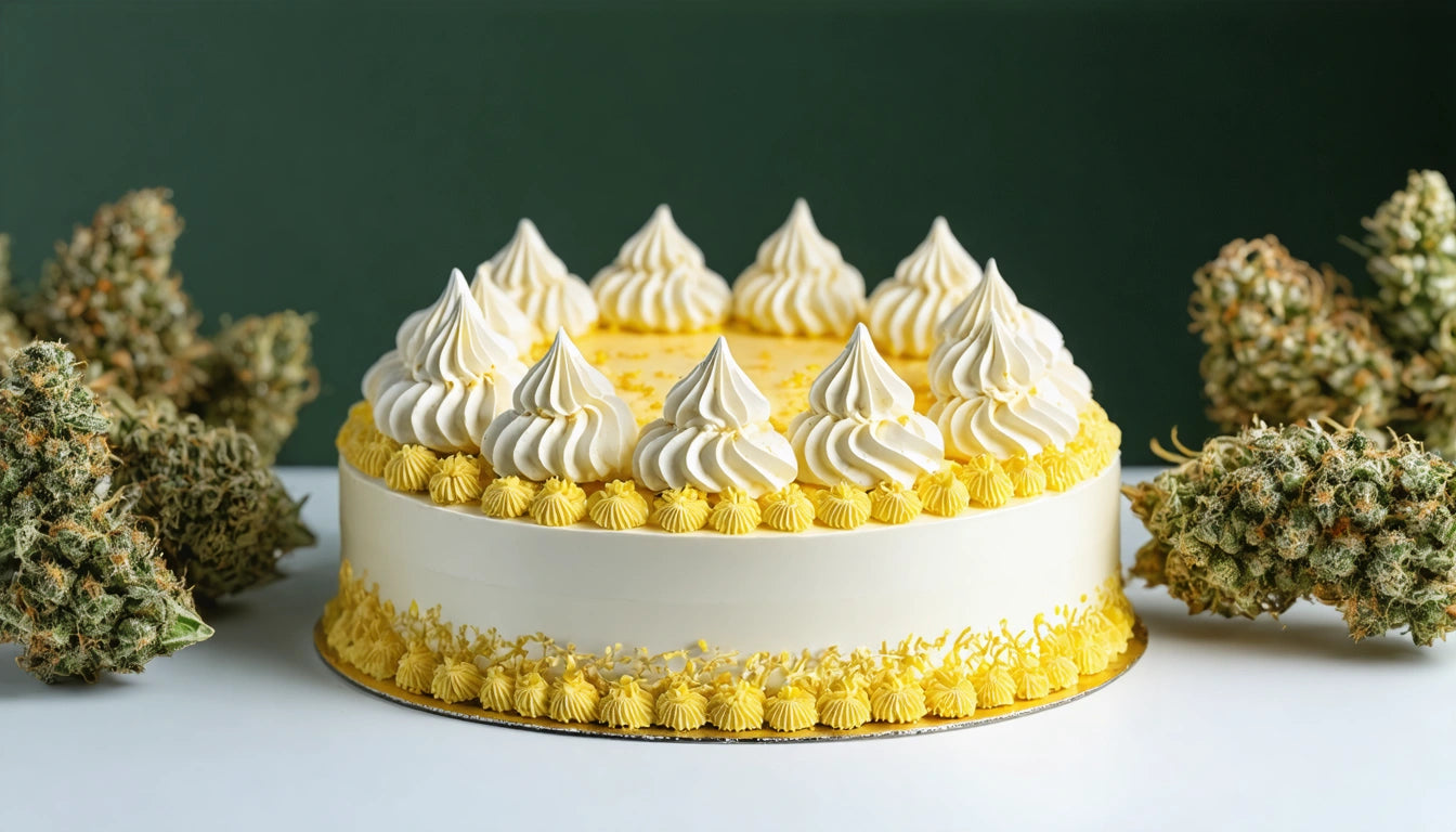 Round cake with white frosting peaks and yellow piped decorations, surrounded by clusters of green, leafy plants