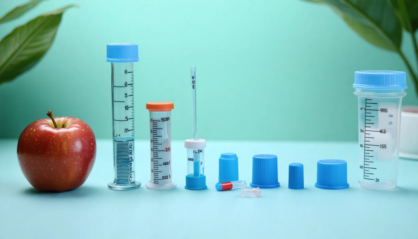 Apple next to various lab containers with blue caps on a turquoise surface, green leaves in background