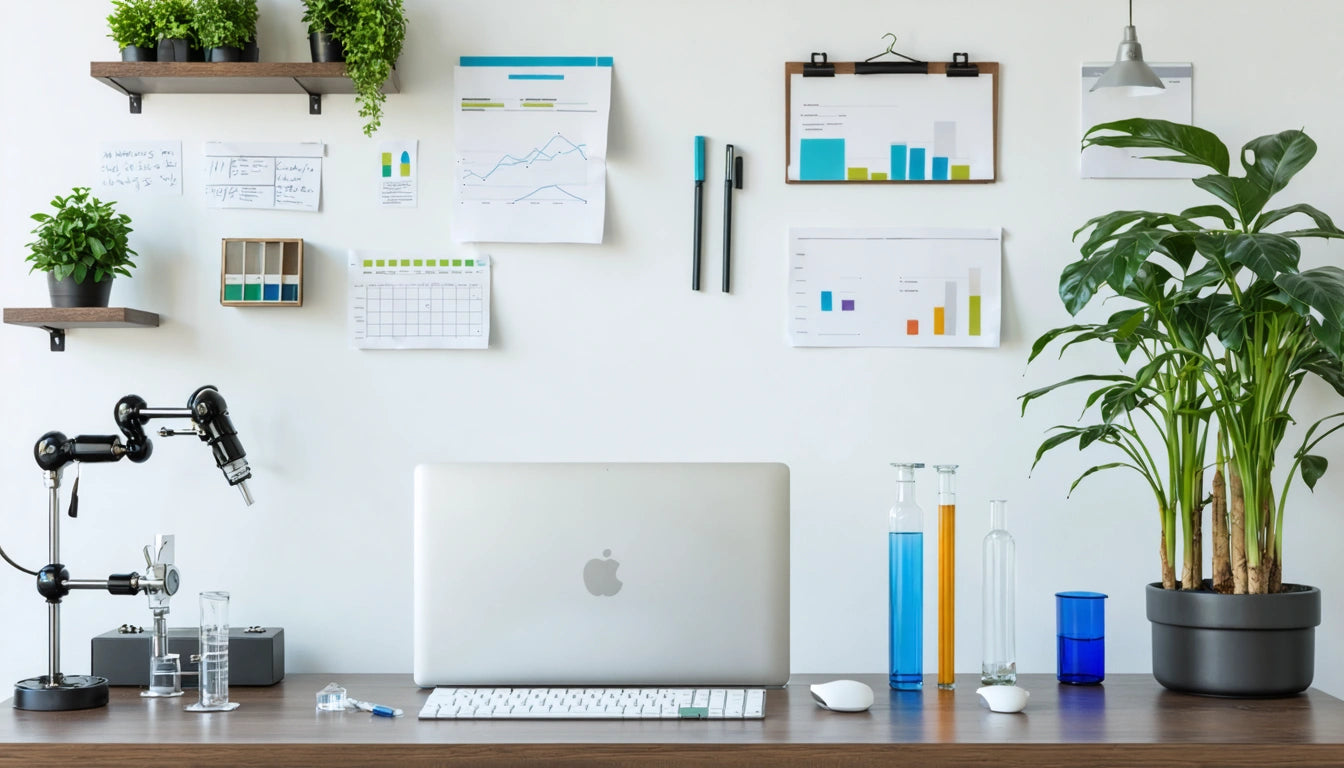 Laptop on desk with keyboard, mouse, and test tubes. Wall displays charts, notes, and plants on shelves