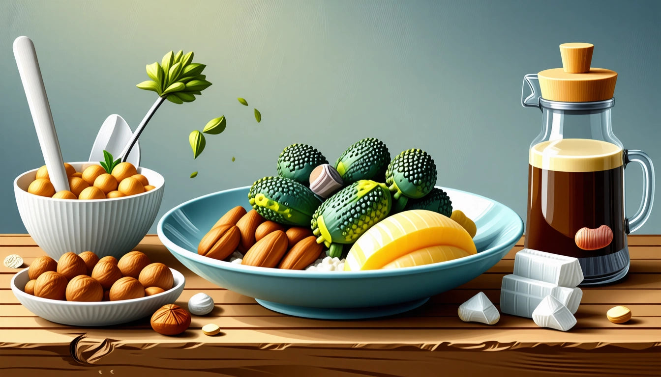 Bowl of nuts, plate with green and yellow vegetables, almonds, and a glass jug of dark liquid on a wooden table