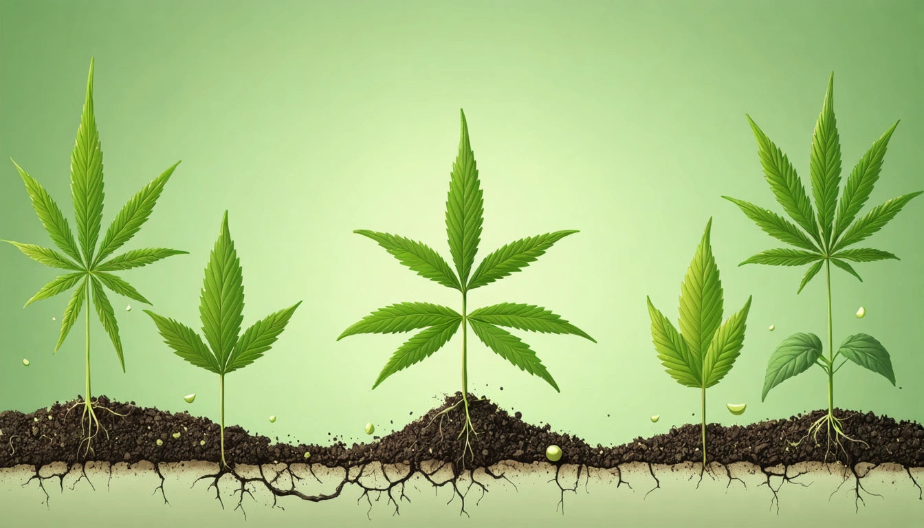 Three green plants with serrated leaves growing in soil, roots visible, on a light green background