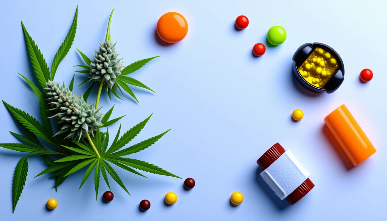 Green leaves and buds on left, colorful round candies scattered, orange and white containers on right against light blue background
