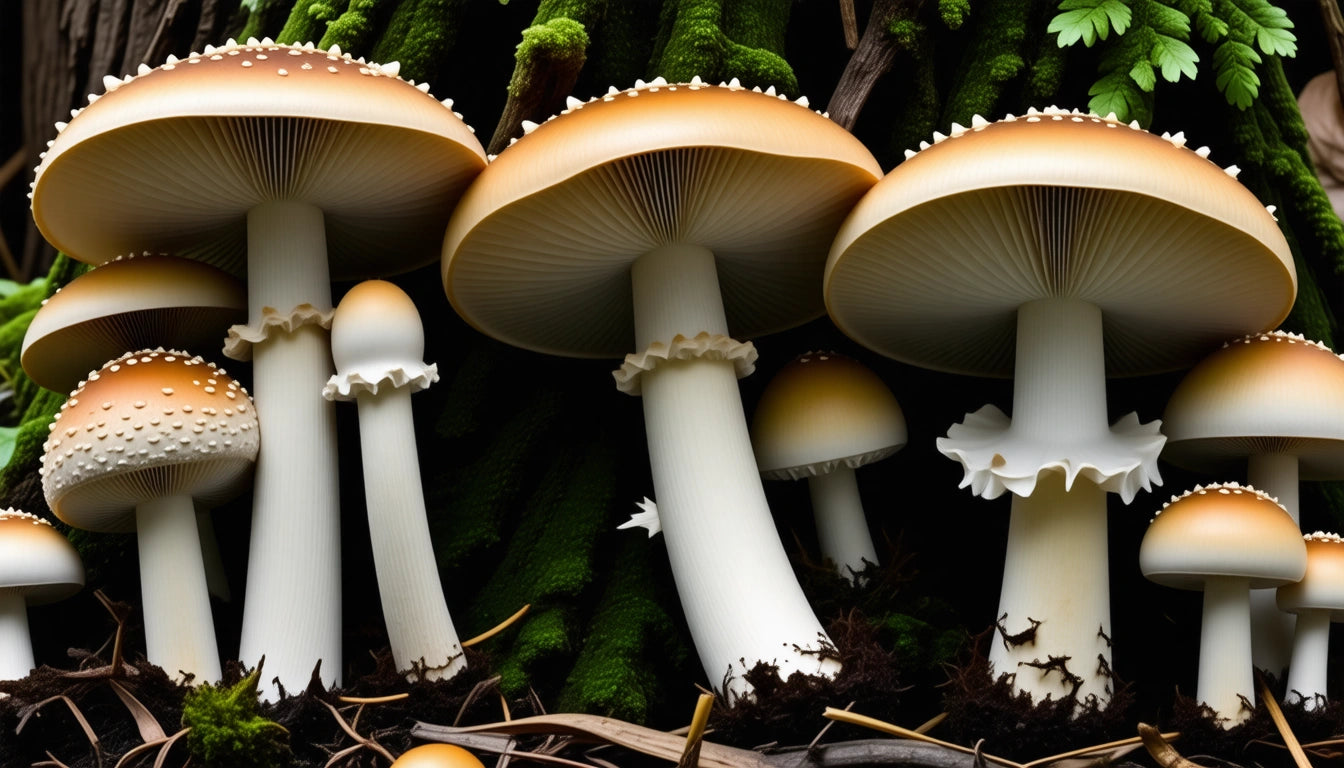 Cluster of tall mushrooms with white stems and brown caps, surrounded by green moss and small fern leaves