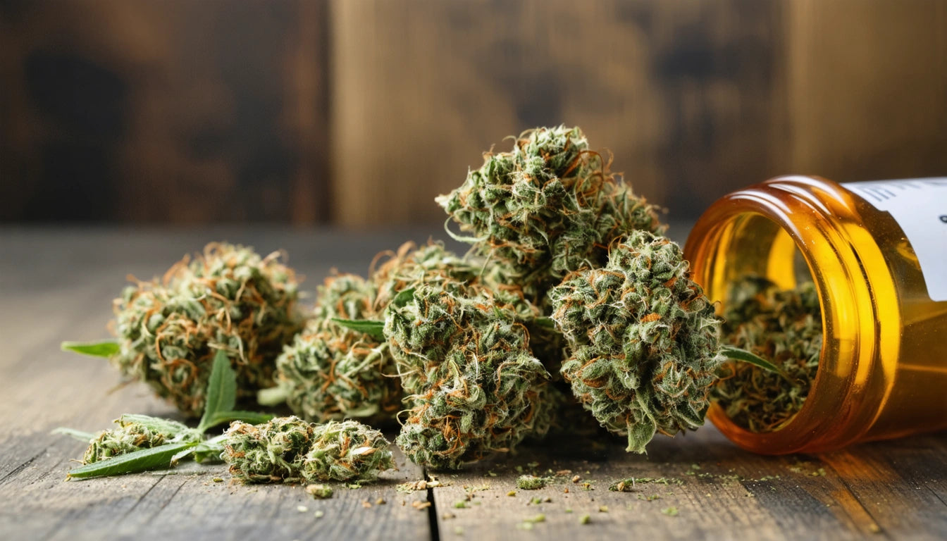 Brown bottle tipped over, spilling green, leafy clusters onto wooden surface with blurred wooden background