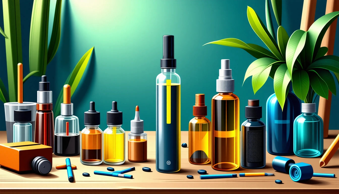 Various bottles with droppers and spray tops on a wooden surface, surrounded by green leaves and scattered capsules